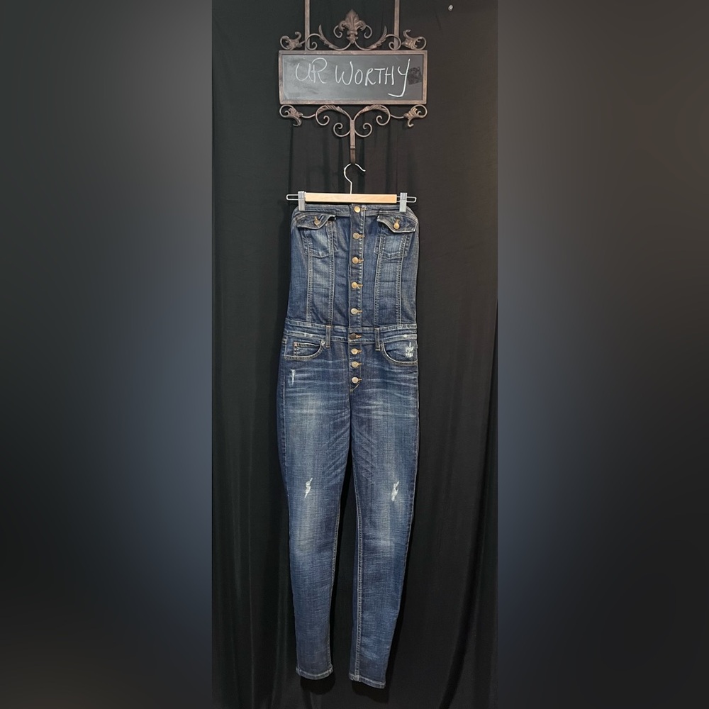 Guess Vintage-Style Denim Halter Romper – Distressed Button-Down Jumper (Size 4)